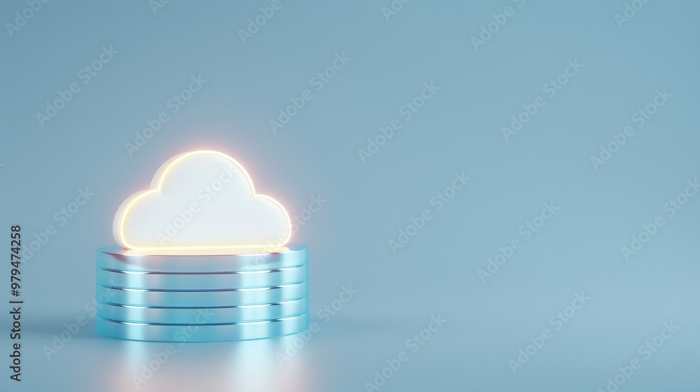 Poster a glowing cloud symbol on stacked coins, representing digital data storage and cloud computing techn