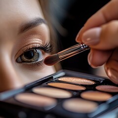 A woman skillfully applies eye shadow to one of her eyes using a fine brush, enhancing her makeup look for a beautiful appearance