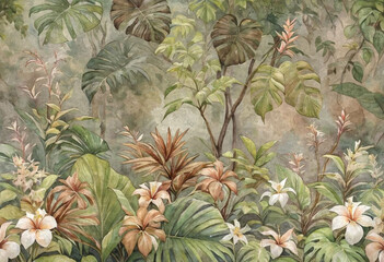 Large tropical plants, background for the walls in the interior. Tropics, background for walls in the interior, murals, murals.