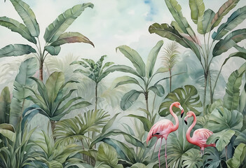 Rainforest, pink flamingos. Beautiful background for photo wallpapers. Interior decor, digital art.