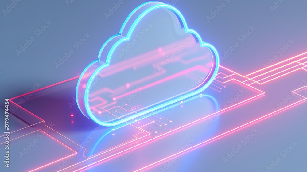 Poster a glowing neon cloud icon surrounded by digital circuits, representing cloud computing and technolog