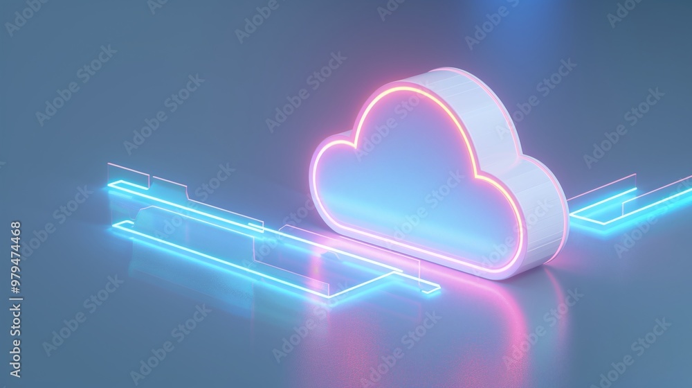 Poster a glowing digital cloud icon with neon lights, representing modern technology and data storage conce