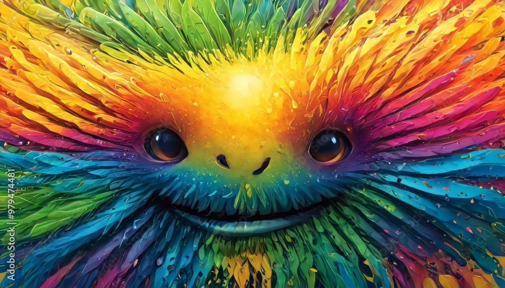 Poster close-up of a vibrant furry creature with a cheerful expression, featuring a stunning array of color