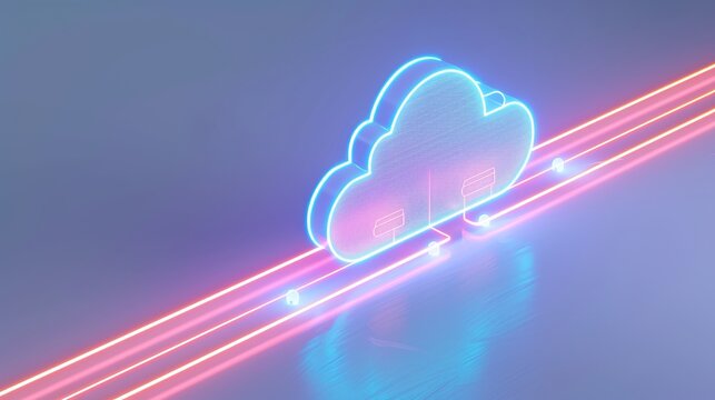 A glowing neon cloud symbol with colorful lines, representing digital technology and cloud computing concepts.