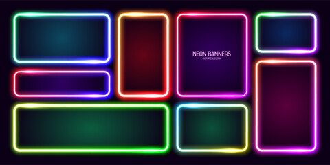 Colorful glowing neon banners, illuminated square frames. Shiny vibrant border, glow effect. Purple vintage retro lights, night illumination. Modern futuristic UI design elements. Vector illustration