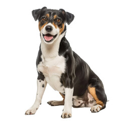 Jack russell terrier sitting and panting with mouth open on a white background