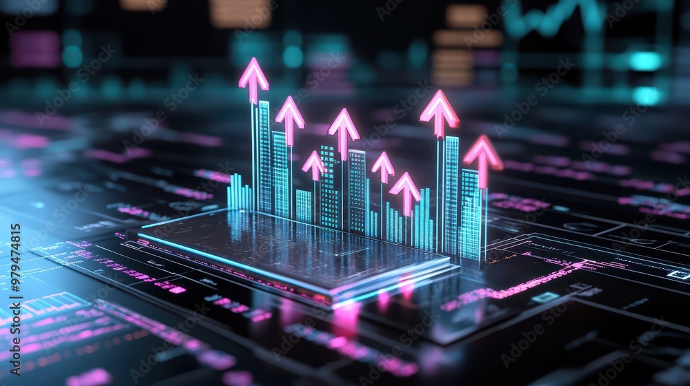 Poster multiple glowing arrows pointing upwards, symbolizing continuous growth and progress. vibrant neon c