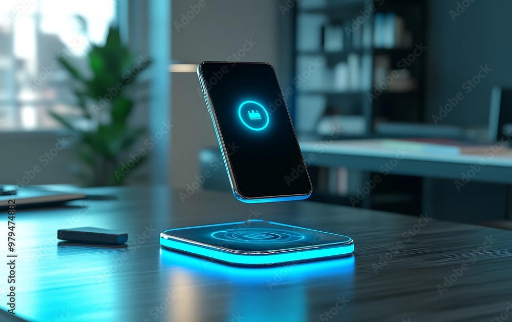 Poster futuristic 3d smartphone model with floating silent mode icon on desk