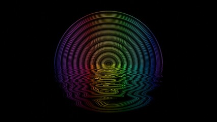 Neon Circular Arcs Reflecting on Water Surface in Dark Background