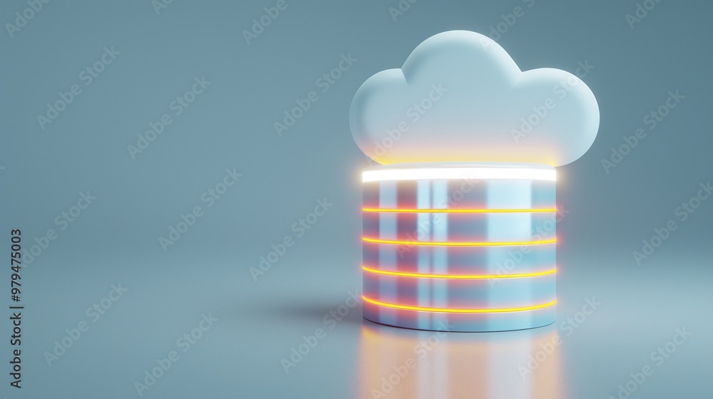 Poster a modern cloud computing concept featuring a cloud over a data storage cylinder, symbolizing digital