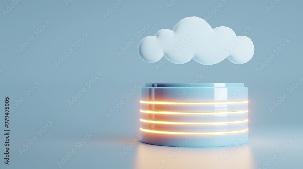 Poster a modern cloud computing concept featuring a stylized cloud above a sleek storage unit with glowing 