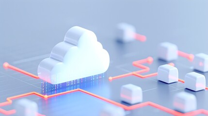 A modern cloud computing concept showcasing connectivity and data flow in a digital environment with abstract elements.