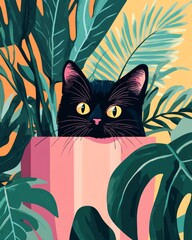 A whimsical illustration of a black cat peeking from behind lush green plants, showcasing vibrant colors and playful design.