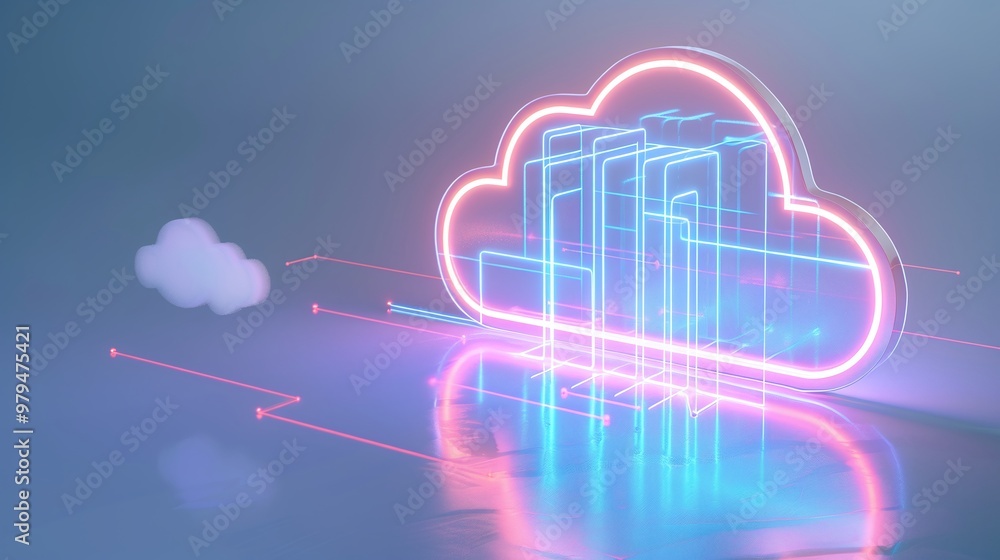 Poster a modern cloud computing illustration featuring glowing elements and digital architecture in a futur
