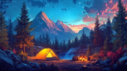 A serene camping scene with a tent, campfire, and mountain backdrop under a starry sky.