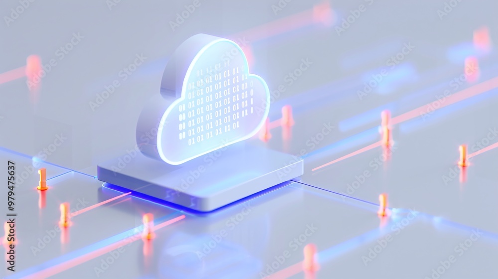 Poster a modern cloud computing symbol, illuminated with a digital design, representing technology and data