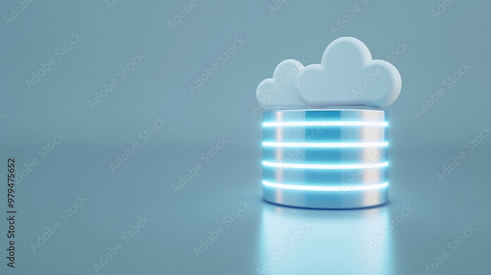 Poster a modern cloud data storage concept featuring a glowing database with stylized cloud shapes on top, 