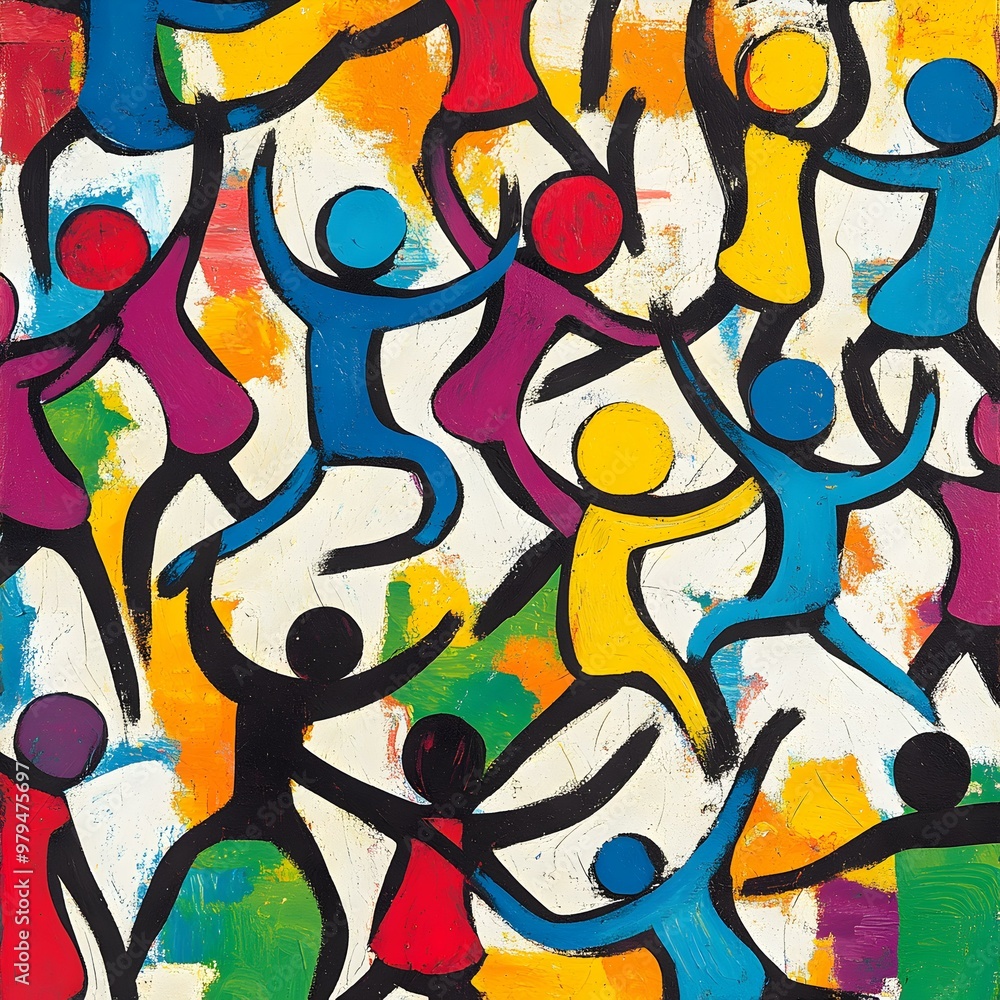 Poster playful stick figures in motion, a lively scene of animated stick figures joyfully dancing and jumpi