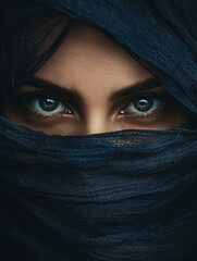 Naklejka premium A woman with blue eyes is wearing a blue scarf