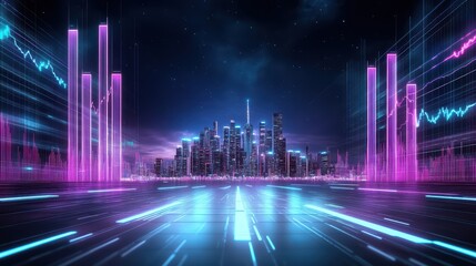 A neon-lit futuristic city with towering skyscrapers and glowing digital stock charts, representing technology, finance, and data visualization.