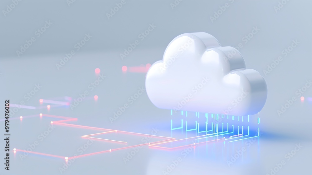 Poster a modern cloud illustration with glowing digital lines, symbolizing cloud computing and data transfe