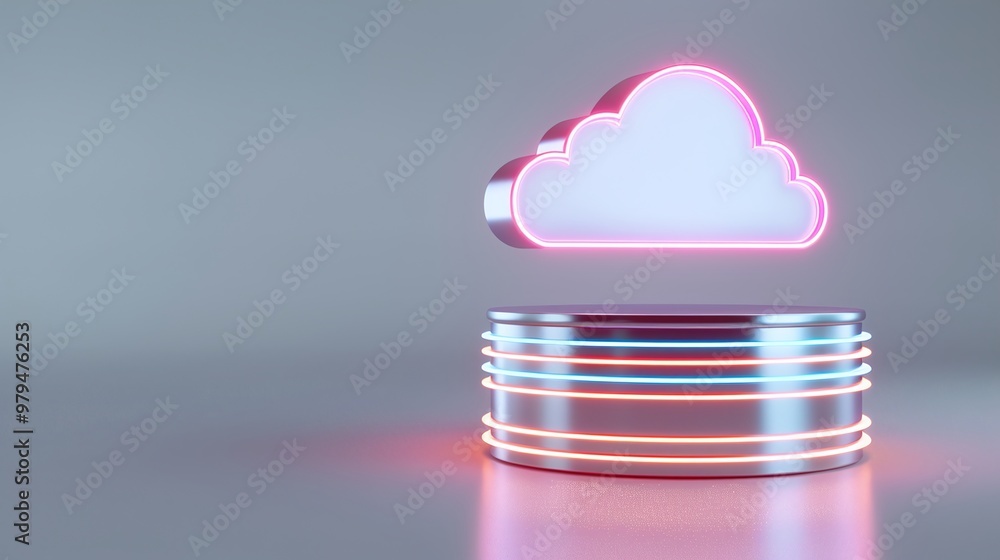 Poster a modern cloud storage concept featuring a glowing cloud icon hovering above a sleek data stack, sym