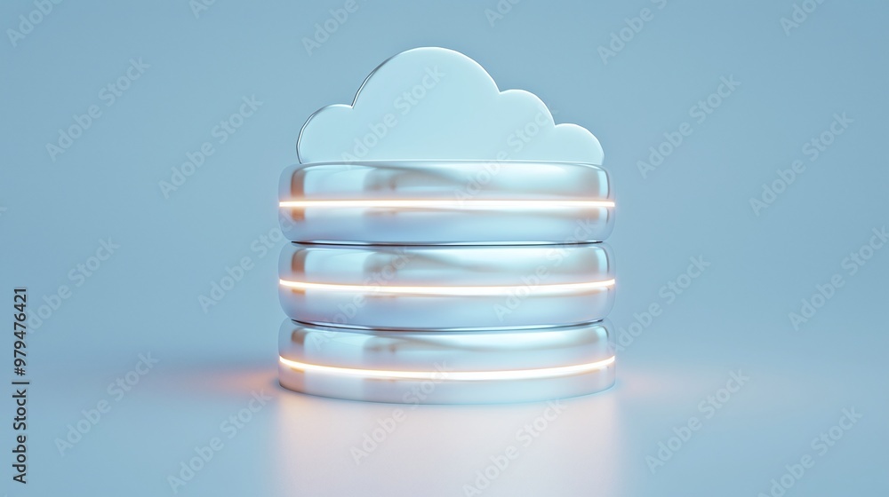 Poster a modern cloud storage concept featuring shiny metallic disks and a stylized cloud icon, ideal for t