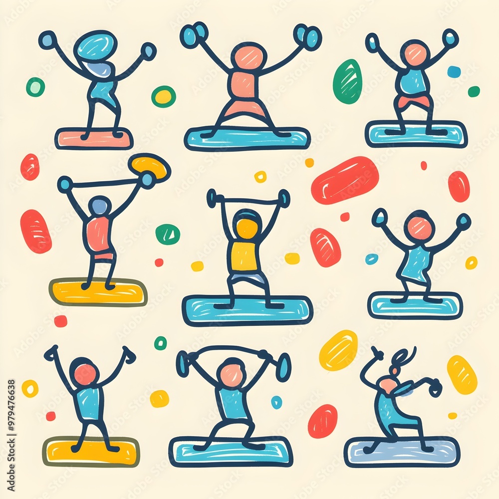 Aufkleber dynamic stick figures engaged in various exercises, showcasing diverse workout routines with colorfu