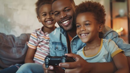 Obraz premium Happy gay men playing video game with daughter while sitting at home 