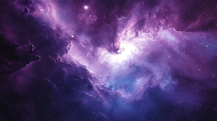 A breathtaking cosmic scene in a vast galaxy where shades of purple and blue dominate the space. The image captures a dramatic, ethereal atmosphere 