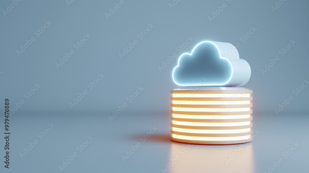 Poster a modern cloud symbol atop stacked disks, representing cloud computing and data storage technology i