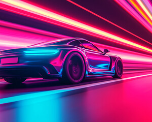 Obraz premium A sleek, modern car speeding through vibrant neon light trails, creating a dynamic and energetic