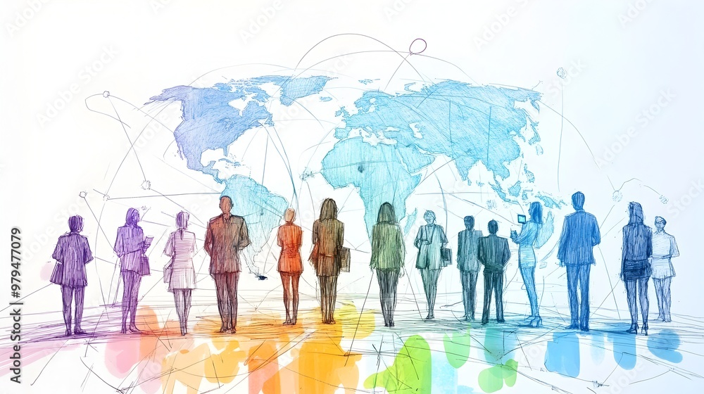 Poster diverse global business team networking and communicating on world map