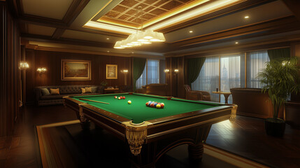 Luxurious billiard room overlooking city at sunset with pool table and couches