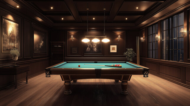 Classic green pool table illuminating luxurious dark wood game room at night
