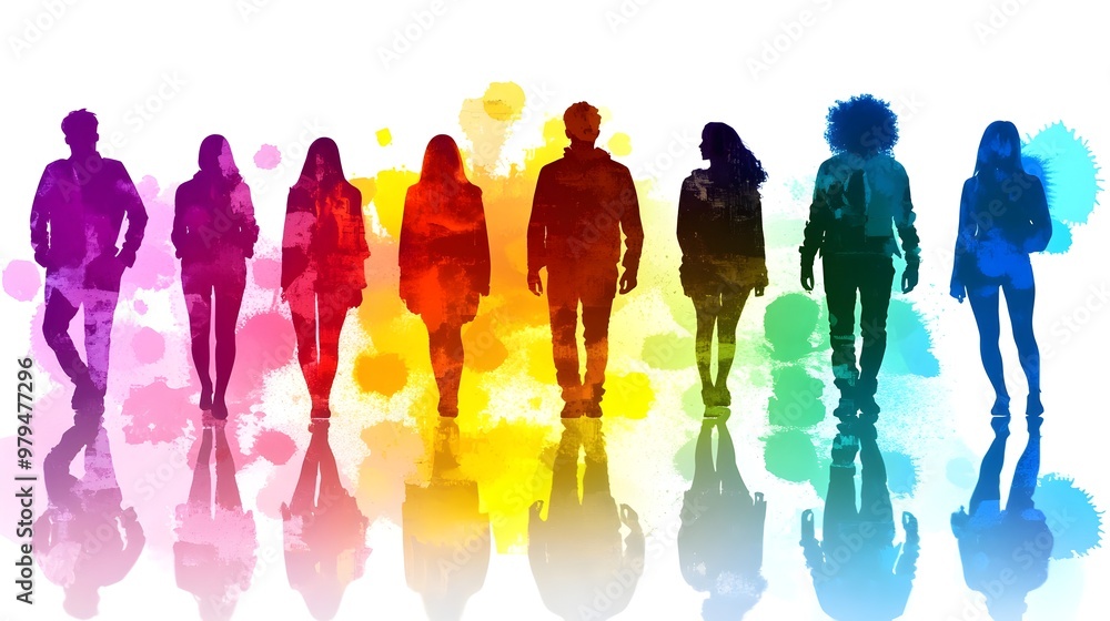 Poster diverse silhouettes reflecting unity and inclusion in a vibrant background