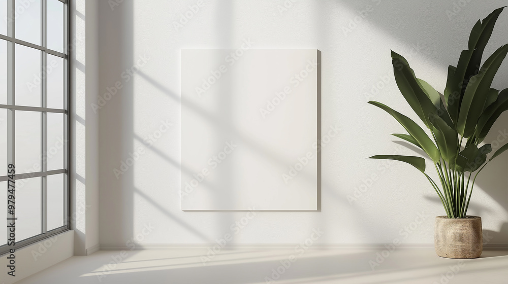Poster sunlight casting shadows in minimalist room with blank canvas and plant