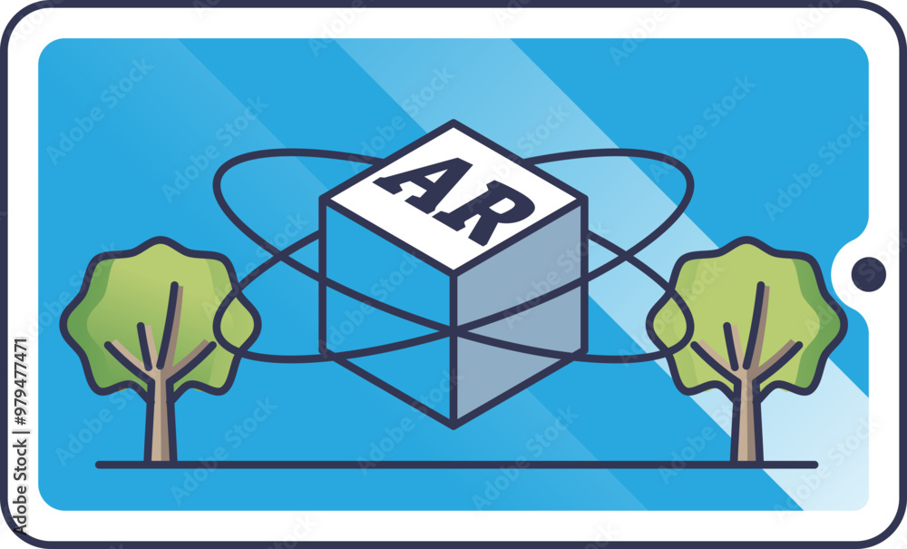 Aufkleber illustration of an augmented reality navigation overlay screen with ar cube and trees, symbolizing a