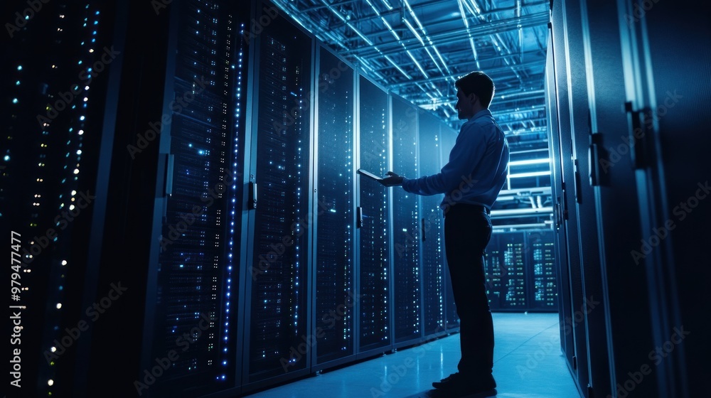 Poster man working in a server room