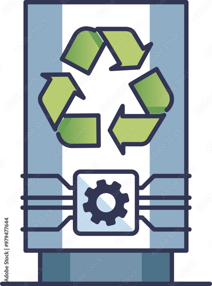 Poster illustration of a smart bin with a recycling symbol and a gear icon, representing an automated sorti