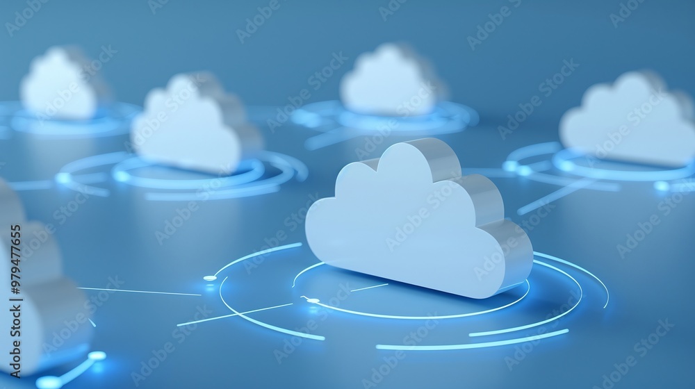 Poster a modern depiction of cloud technology with interconnected clouds and digital elements, representing
