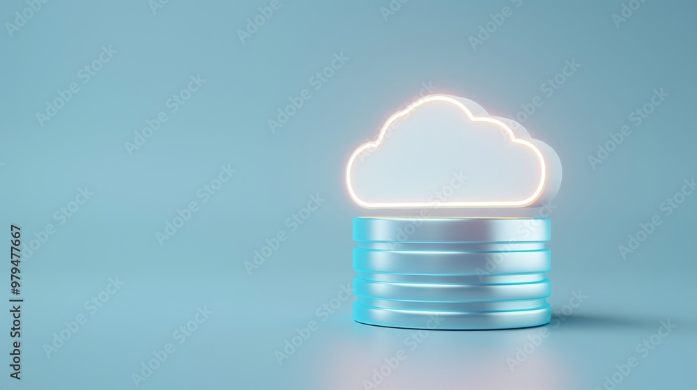 Poster a modern depiction of cloud storage technology with a glowing cloud symbol above a digital data cyli