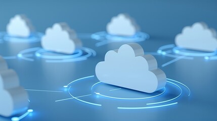 A modern depiction of cloud technology with interconnected clouds and digital elements, representing data storage and networking.