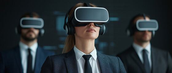Business professionals in virtual reality headsets, exploring innovative technology