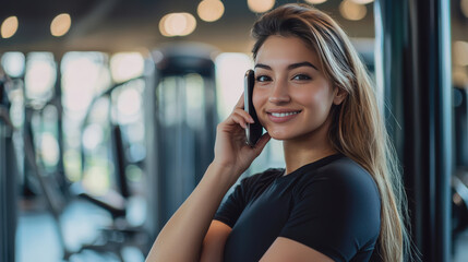 Stylish woman with friendly expression holding phone in gym setting, exuding confidence and positivity while engaging in conversation