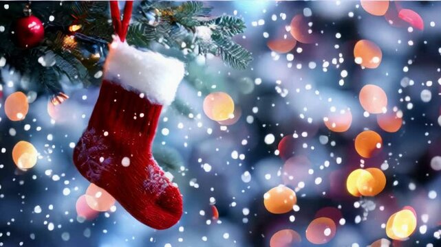 A vibrant red Christmas stocking adorned with decorations against a snowy backdrop with bokeh lights.