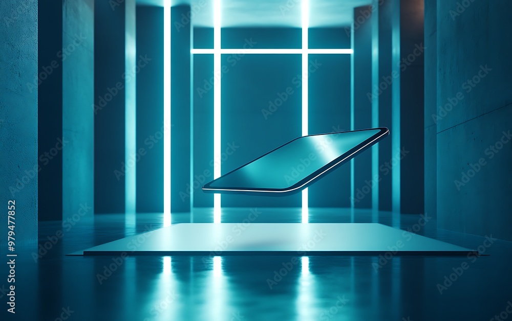 Poster high-tech innovation: floating tablet in minimalist tech environment
