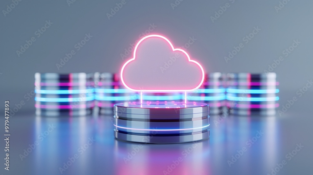 Poster a modern digital cloud icon glowing above metallic databases, symbolizing cloud computing and data s