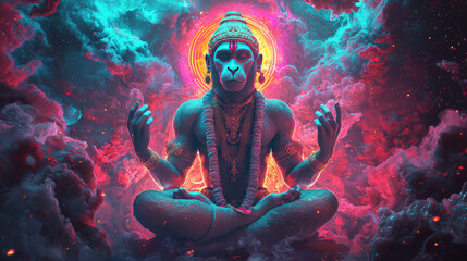 A 3D rendered depiction of Hanuman in cosmic realm, surrounded by vibrant colors and swirling clouds, evokes sense of spirituality and tranquility