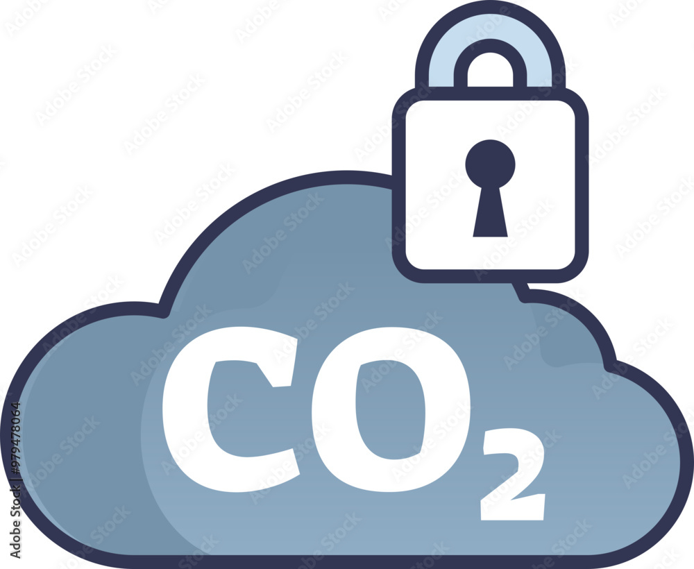 Poster a cloud labeled co2 with a lock symbolizing carbon capture and storage.
